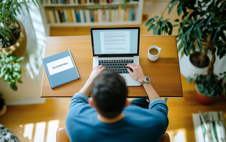 Mann sitzt vor einem Laptop und schreibt einen Blogartikel.